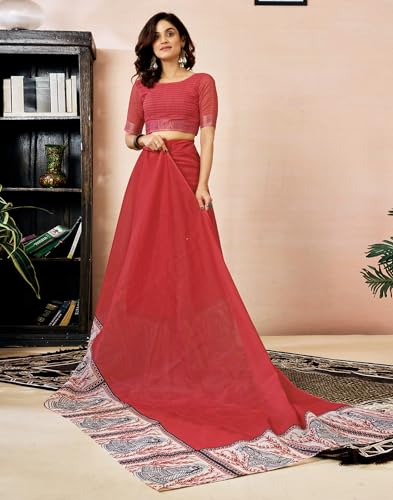 Image of SIRIL Women's Printed Chanderi Cotton One Minute Ready to Wear Saree with Unstitched Blouse Piece