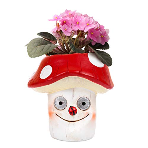Solar Windowsill Planter - Magic Mushroom Flower Pot Figurine | LED Patio Decor | Indoor Herb Planter Decorative Statue | Garden, Deck or Pool | Great Housewarming Gift Idea