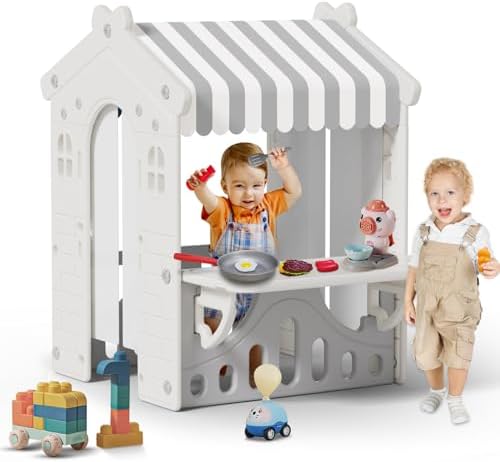BIERUM Kids Playhouse with Cute Kids Pretend Play Kitchen Toys Set, Outdoor Playhouse for Toddlers Aged 1-3, with Windows, Door Curtains and Foldable Stand and Play Platform