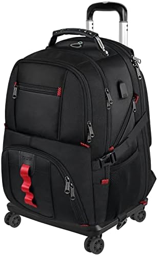 YOREPEK Rolling Backpack with Wheels, Backpack on Wheels for Adults with USB Charging Port, 17 inch Wheeled Roller Laptop Backpack for Travel Business College, Gifts for Men Women, Black