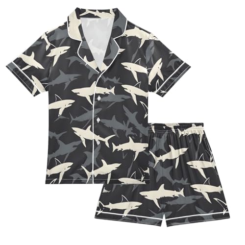 ALAZA Black White Shark Pajamas Satin Pajama Set Short Sleeve Button Down Sleepwear
