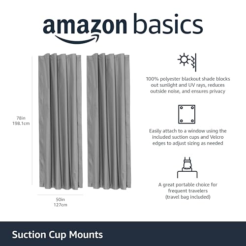 Image of Amazon Basics Portable Energy Saving Noise Reducing Blackout Curtain Shade with Suction Cup Mounts, 50 inchW x 78 inchL, Dark Grey, 2-Pack