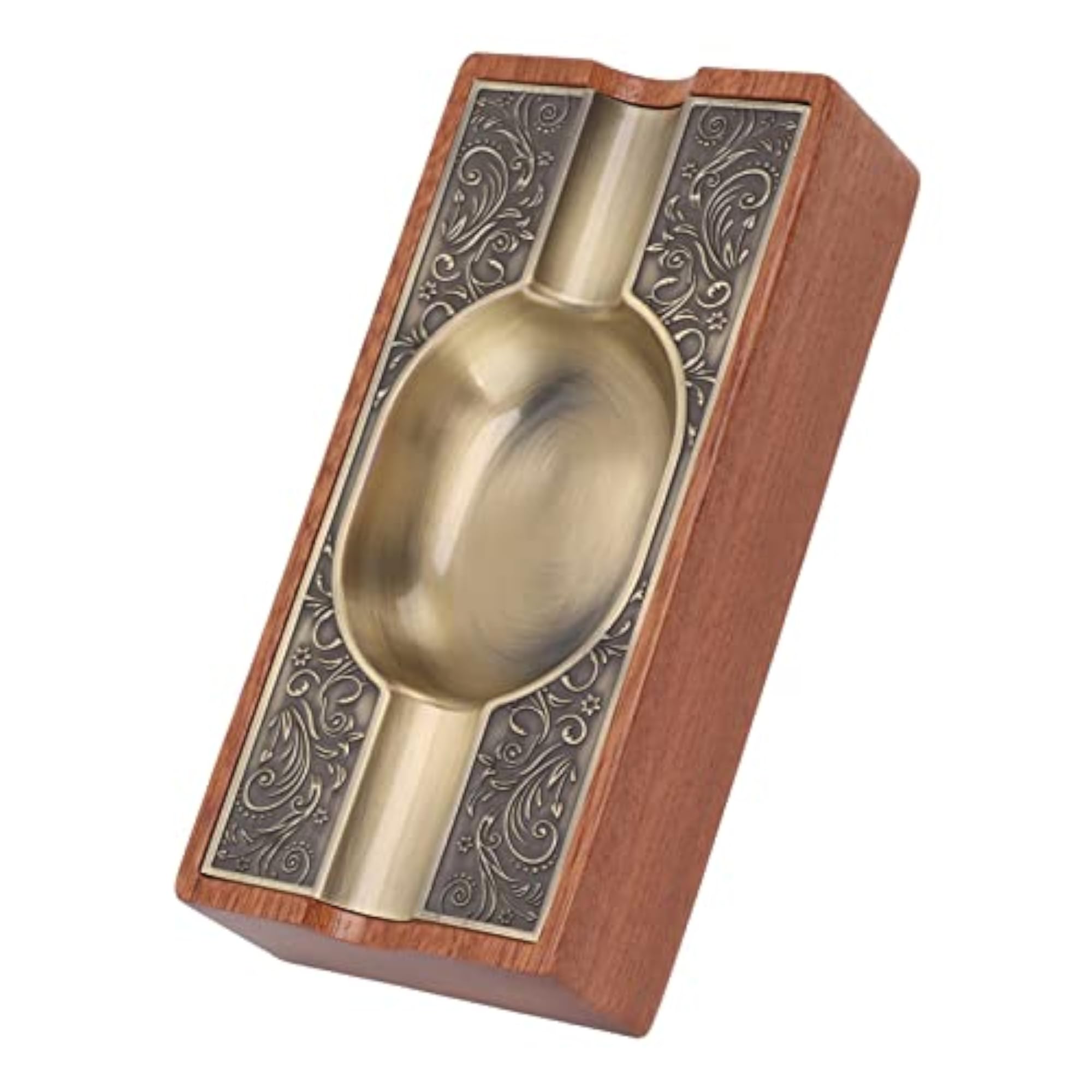 Vintage Solid Wood Cigar Ashtray with Bronze Plating