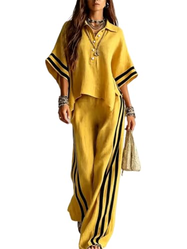 Womens Linen Striped 2 Piece Outfits 2026 Oversized Half Sleeve