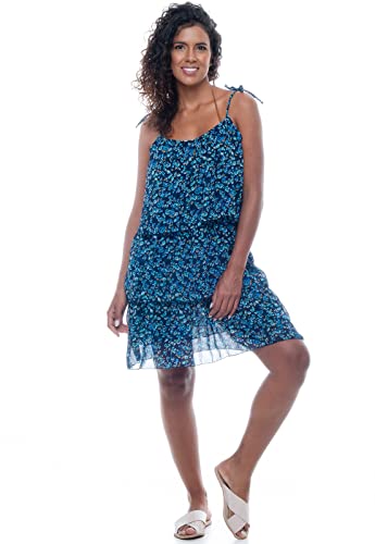 Vestido Forrado Babados Alças Crepe Estampado Floral Fundo Marinho Tam G