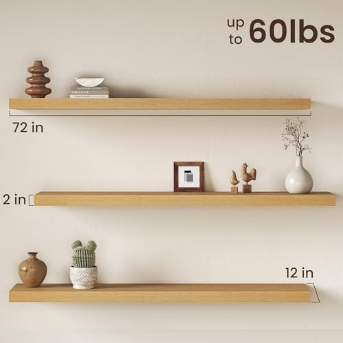 Image of Fun Memories 72 Inch Floating Shelves, 12 Inch Deep Wall Shelf for Fireplace Mantel, Deep Storage Shelves for Home & Office, Long Floating Shelf with Invisible Bracket, Oak, Set of 2