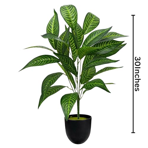 Image of Dekorly Artificial Plant Leaves Tropical Monstera Large Artificial Plants Fake Zebra Leaf Plastic Palm Tree Branch for Home Garden Decor | 26 Leaves (WithPot-Green-D, Height : 76CM)