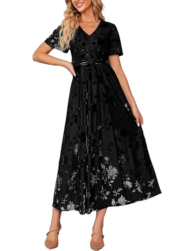 Simplee Womens Winter Formal Wedding Guest Velvet Maxi Dress Floral
