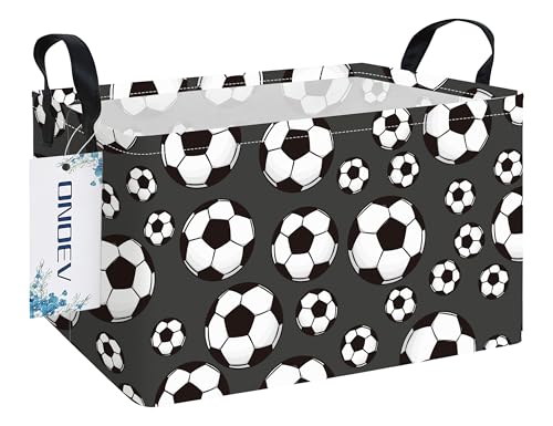 Image of Rectangular Soccer Laundry Storage Bin for Adults and Kids | Damp resistant canvas fabric, sturdy stitched carry handles, foldable design organizes closet and playroom daily supplies