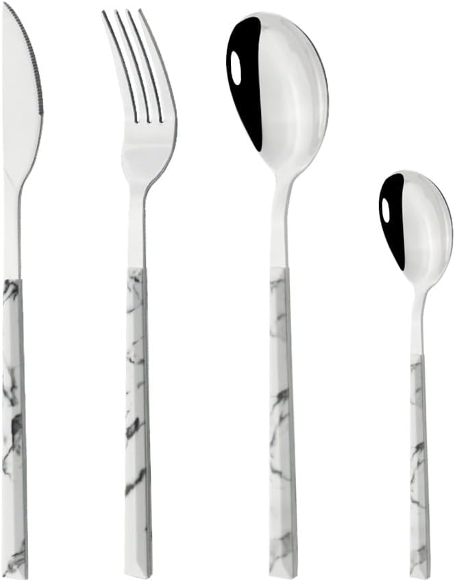 Silverware Flatware Cutlery Set, 4/16/24/32/40/48pcs Stainless Steel Cutlery Set, Imitation Marble Knife Fork Spoon & Dessert Spoon(White,8Set-32Pcs)