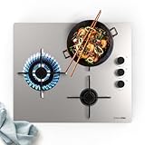 UNIVERSALBLUE Encimera Gas Butano Inox | Placa 3 Quemadores | Encendido Eléctrico | Cristal Templado | Sistema de Seguridad FFD | Gas Butano + Gas Ciudad | Soportes de Hierro