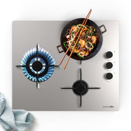 UNIVERSALBLUE Encimera Gas Butano Inox | Placa 3 Quemadores | Encendido Eléctrico | Cristal Templado | Sistema de Seguridad FFD | Gas Butano + Gas Ciudad | Soportes de Hierro