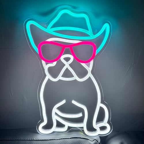 iPuppy Cowboy French Bulldog Neon Sign for Wall Decor Cowboy Frenchie Wearing Glasses LED Neon Lights Fench Bulldog Accessories Decor Frenchie Decor French Bulldog Gifts (Cowboy)