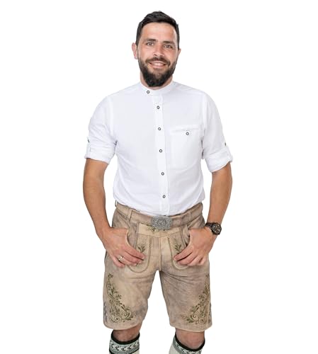 Schöneberger Trachten Couture Herren Lederhose kurz, Original Antik Wildbock Trachtenhose für Oktoberfest, grüne Stickereien und Trachtengürtel Franz (52)