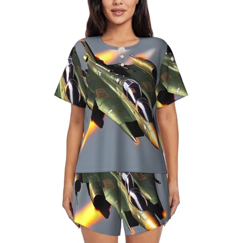 Pyjama doux 2 pièces femme à col rond et motif avions de chasse respirant