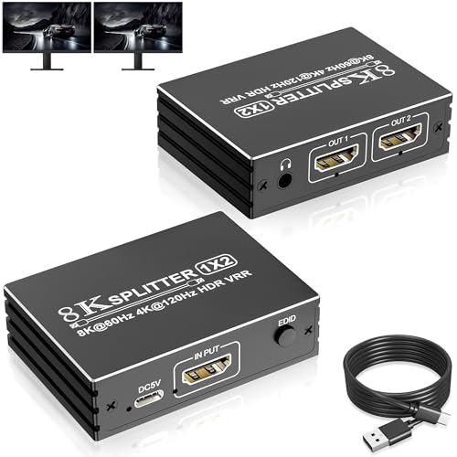 Splitter HDMI 2.1 8K @ 60 Hz 1 Entrée 2 Sorties, Répartiteur 1x2 Pour 1 Source Vers 2 Écrans, Double Moniteurs en HDR VRR Pour Xbox PS5/4/3 Roku TV
