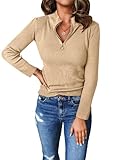 PRETTYGARDEN Spring Quarter Zip Pullover Sweaters for Women 2026 Long Sleeve Collared Fitted Ribbed Knit Tops, Apricot, Small