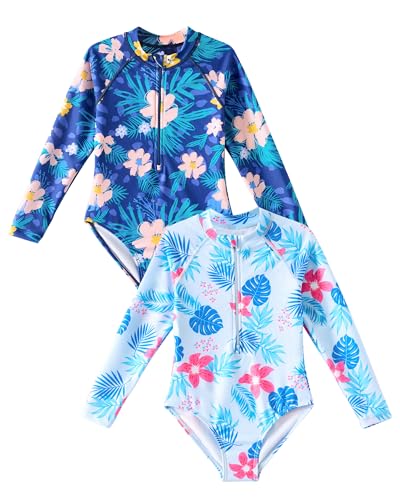 Angel season Girls Long Sleeve Bathing Suit and Rash Guard One Piece Swimsuits Bundle
