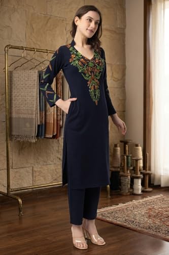 Image of Rosary Women's Woolen Winter Embroidered Kurta with Palazzo | Warm Ethnic Suit Set - 2 Piece Outfit