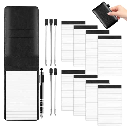 VPAFPEKG Notizblock Klein, Mini Notizblock A7 Set 15 Stück, Mini Notizbuch mit 8 Ersatzblöcke, PU Leder Schwarzer Einband mit Kugelschreiber, Inklusive 5 Ersatzminen für Aktivitäten Im Freien