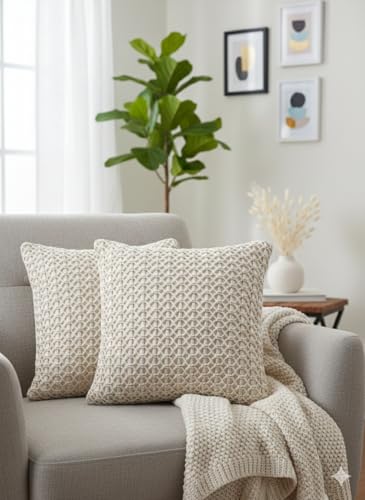 Image of Beautifull and Luxurious Handmade 100% Cotton Macrame Cushion Cover 16 inchx16 inch inch in Natural White Colour | Boho Cushion Cover in Premium Canvas Duck Fabric (2, WDM477)