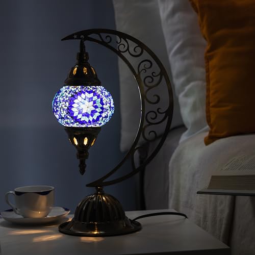 Turkish Mosaic Moon Lamp Making Kit | DIY Colorful Glass Decorative Table Desk Light | Craft Kit For Adults | Make Your Own Lamp | Living Room Bedroom | Mosaic Pieces, Beads, US-Plug (Blue)