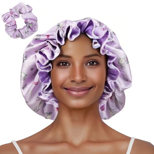 Vettres Floral Satin Bonnet with Scrunchie Set,Double Layer Ruffle Reusable Sleeping Shower Cap for Curly Hair Purple-rabbit