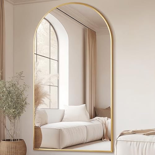 Image of Prywot Full Length Mirror, Oversized 77 inchx38 inch Arched-Top Floor Mirror, Gold