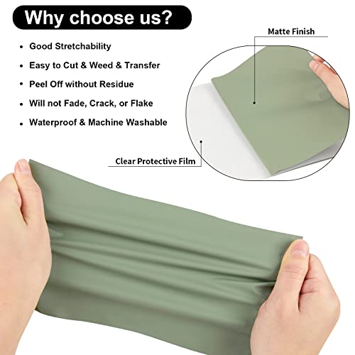 Image of VINYL FROG Sage Green Heat Transfer Vinyl Roll 12 inch x12ft Matte HTV Vinyl | Khaki Green Iron on Vinyl for T-Shirts, Heat Press Vinyl for DIY Craft Designs Easy to Cut & Peel Off & Transfer