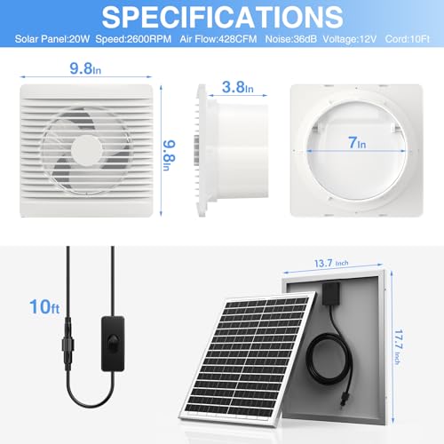AUIOMUTO Exaustor movido a energia solar, painel solar de 20 W + exaustor de alta velocidade de 20 c