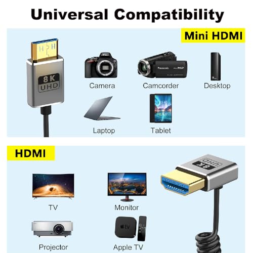 Cable coaxial Mini HDMI 2.1 a HDMI 8K de 2.5 mm con conector codo para videocámaras 6