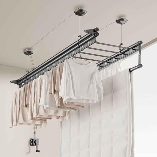 Perchero de techo operado a mano, altura ajustable con cuerda de acero inoxidable para colgar ropa húmeda