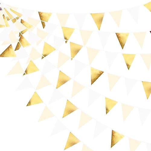 32Ft Or Beige blanc Tissu Fanion Bannière Drapeau Guirlande de Décoration de fête Banderoles de Blanches Dorées pour Anniversaire Bapteme Mariage diplômé Retraite Célébration de Vacances de fête Decor