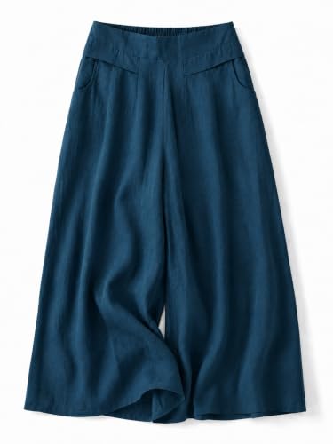Image of Womanista Women's Relaxed Fit Pure Cotton Linen Flared Palazzo Pants for Woman | Wide Leg Casual Trouser with Pockets | Plazo pants for Women | High Waist Office & Travel Wear (Available in plus size)