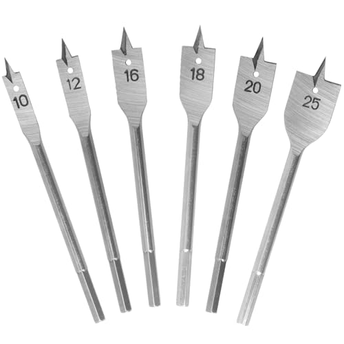 DekoTech 6-Piece Spade Drill Bit Set – Carbon Steel Paddle Bits with 1/4″ Hex Shank – Fast Drilling for Wood, Plywood, Particle Board & Fiberboard (10mm-25mm)