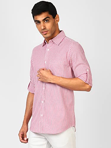 Image of UrbanMark Men 100% Cotton Full Sleeves Regular Fit Striped Casual Shirt-Coral & White