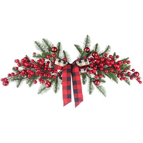 CITYES Christmas Swag Decoration Floral Swag with Berries and Ribbon Bows Christmas Balls 27.56 Inch Greenery Christmas Swag Xmas Door Swag for Front Door Festival Decor Wall Arch Window Cover