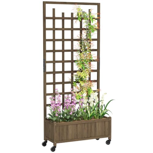 Image of Outsunny Wooden Trellis Planter Raised Beds for Garden with Wheels, Brown