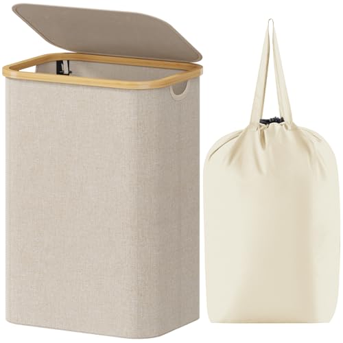 Lifewit Cesto para la Ropa Sucia de 80L con Tapa, Cesta para la Colada con Asas de Bambú y Una Bolsa Extraíble, Cesto de Ropa Plegable Grande para Dormitorio, Cuarto de Baño, Lavadero, Beige