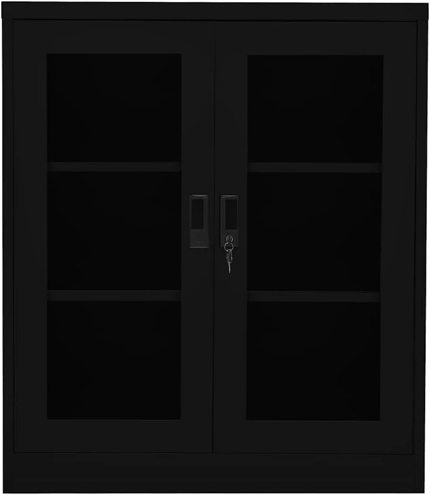 Office Cabinet Black Steel Medium Height-Adjustable Shelves with 2 Adjustable Steel Shelves and Tempered Glass Doors