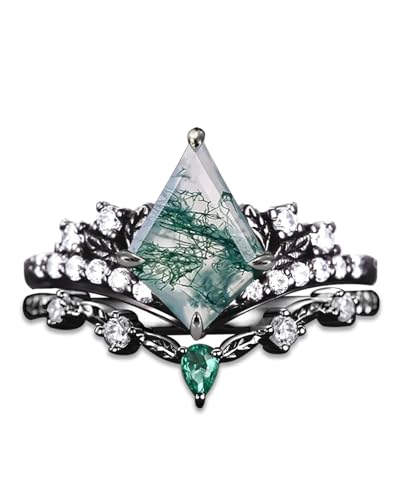 YYmqmq Black Moss Agate Promise Ring Set for Women 925 Sterling Silver Kite Moss Agate Engagement Ring Wedding Ring Set Jewelry Gifts for Women Wife Bridal Her Size 8