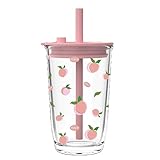 KiKiluxxa Coffee Can Glass Sipper Tumbler with Lid Straw - 400ml-Pack of 1- Green Tea Fruit Juice Milk Glass Cup Mug with Lid and Straw -Pink (Newlozx 1)