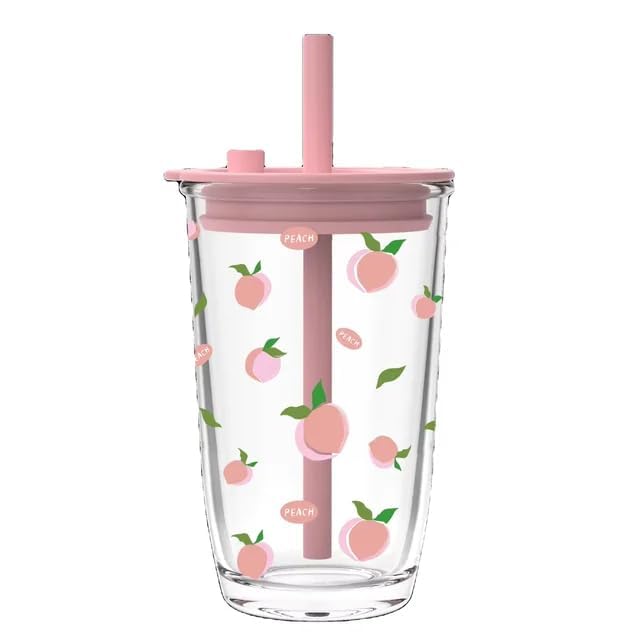 KiKiluxxa Coffee Can Glass Sipper Tumbler with Lid Straw - 400ml-Pack of 1- Green Tea Fruit Juice Milk Glass Cup Mug with Lid and Straw -Pink (Newlozx 1)