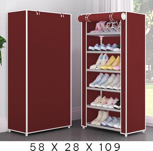 Image of YouCopia Shoe Rack for Home Non Woven Fabric - DIY Multipurpose Shoe Rack Organizer, 6-Layer Shoe Rack for Home -Shelf with Dustproof Door Entryway for Heels /Slippers /Boots (Maroon, 6-Layer)