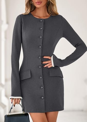 Lazysmile Women's Casual Dresses Long Sleeve Boat Neck Button Down Bodycon Mini Fall Party Club Cocktail Dresses for Women Grey — view 3