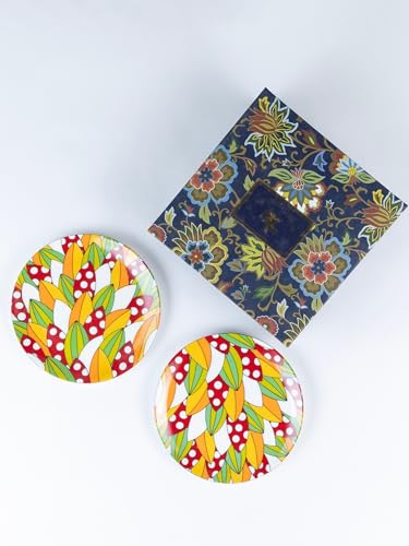 Image of GOLDEN QUEEN'S Snack Plates Set of 4 | Perfect for Snacks, Desserts, Appetizers, Salads, Tapas, Cheese | 7 inches Wide | Microwave Safe (Red & Yellow Abstract)