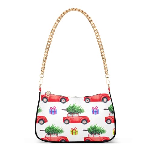 Red Vintage Cars Christmas Trees Tote Handbag Womens Colorful Shoulder Bag Zipper Hobo Clutch Purse with Chain Strap