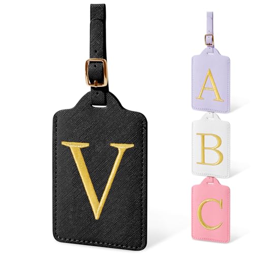 Image of Unique Initial Letter Luggage Tags for Suitcases, Monogrammed Suitcase Luggage Identifier Tag,PU Leather TSA Approved Luggage Tags,Bag Tags for Men Women Kids Luggage Baggage(Black V)