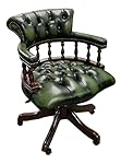Chesterfield Captains Chair in Genuine Leather – Antique Green – Handmade UK Office Desk Chair with Mahogany Frame, Gas Lift, Swivel & Tilt – Deep Buttoned Luxury Executive Armchair