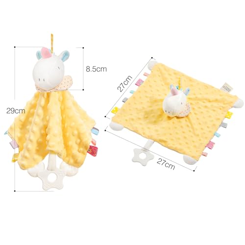 Image of Loveys for Babies, Security Blanket Soft Stuffed Animal Lovey Unisex Lovie Baby Stuff Snuggle Blanket with Tags Teether Bells, Soothing Plush Toys Baby Gift for Newborn, Yellow Unicorn